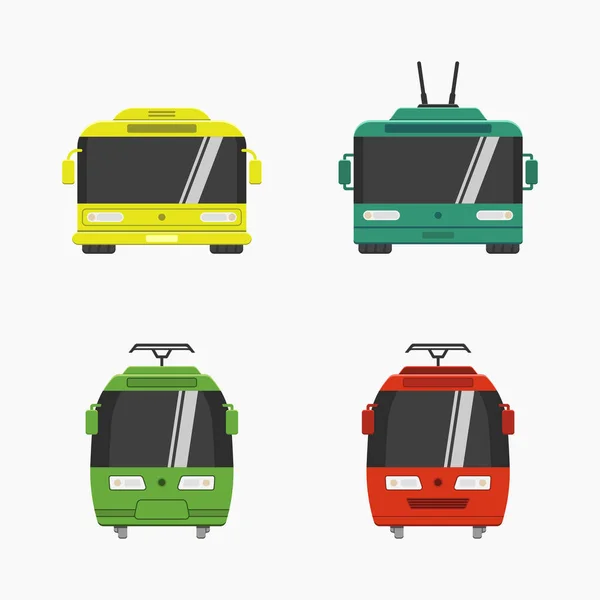 Openbaar Vervoer Trein Bus Front View Pictogrammen Vector Platte Illustratie — Stockvector