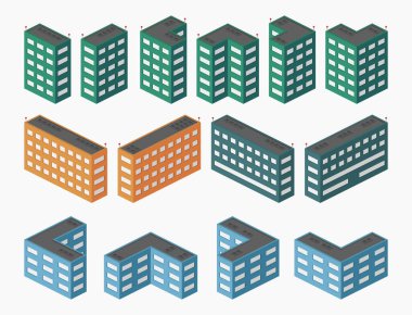 İzometrik şehir ofis binası izole vektör düz illüstrasyon ayarladı
