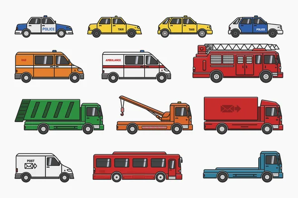 Ville Servise Voiture Camion Bus Police Taxi Ensemble Vecteur Plat — Image vectorielle
