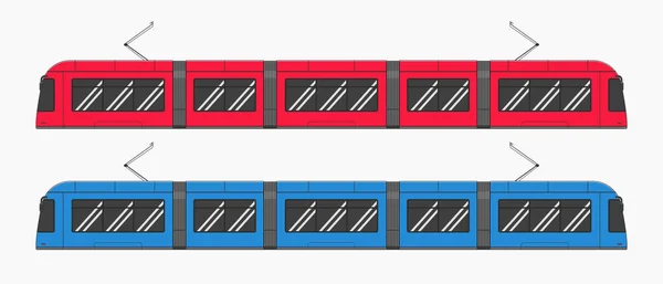 青と赤の近代的な路面電車の方法車側のビューベクトルフラットイラスト — ストックベクタ