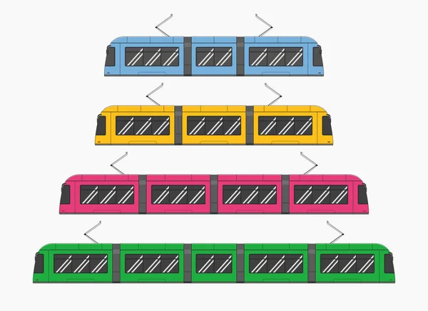Moderne Lange Straßenbahn Weg Zugwagen Eingestellt Seitenansicht Vektor Flache Illustration — Stockvektor