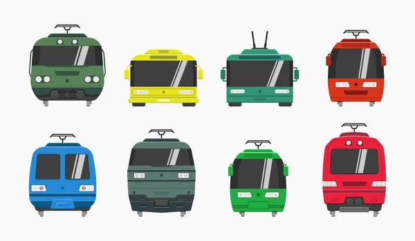 Transporte Público Tren Locomotora Autobús Vista Frontal Iconos Vector Ilustración — Vector de stock