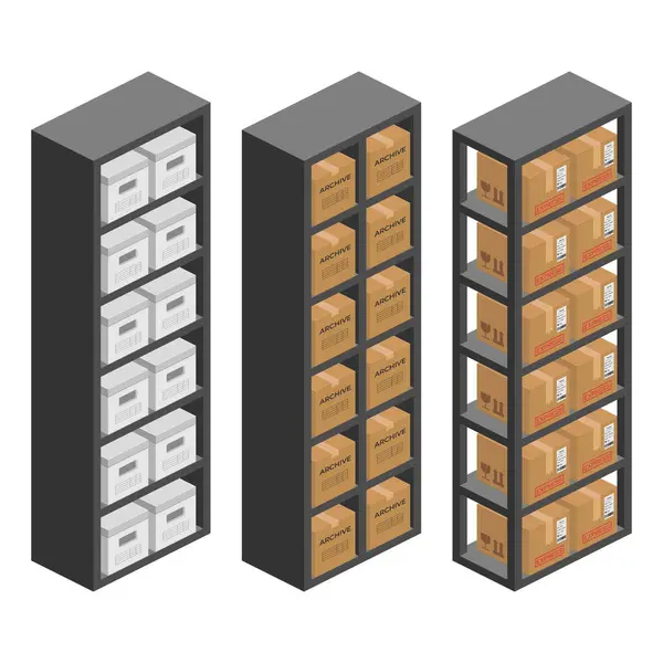 Regal Bücherregal Mit Paketkästen Isometrischer Vektor Flache Abbildung — Stockvektor