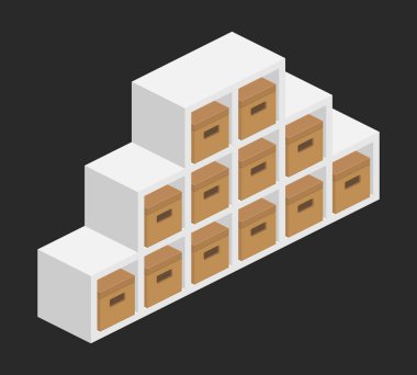 Paket kutuları izometrik vektör düz illüstrasyonlu raf kitaplığı