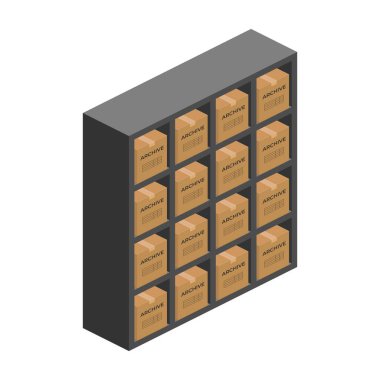 Paket kutuları izometrik vektör düz illüstrasyonlu raf kitaplığı