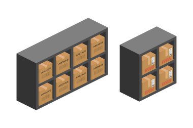 Paket kutuları izometrik vektör düz illüstrasyonlu raf kitaplığı