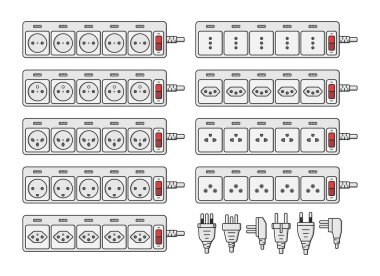 elektrik prizi eklentisi dünya standartları şeridi French sweiss vektör düz illüstrasyon