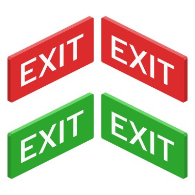 İzometrik çıkış kırmızı yeşil duvar işareti vektör düz çizim