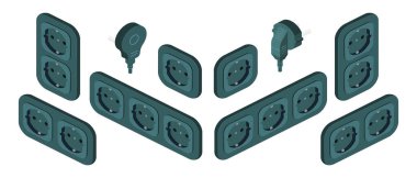 isometric power outlet plug electric socket european type f set vector flat illustration clipart