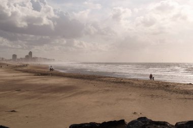 Manzara, kuzey denizi kıyısındaki kumlu sahil, güzel gökyüzündeki bulutlardan gelen gölgeler. Yüksek kalite fotoğraf