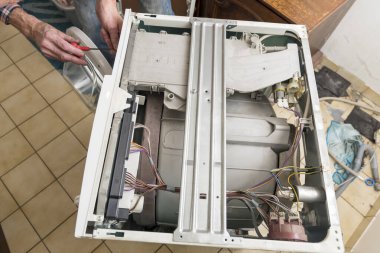 Orta yaşlı bir adam bozuk çamaşır makinesini aletlerle, ev işleriyle tamir ediyor. Yüksek kalite fotoğraf