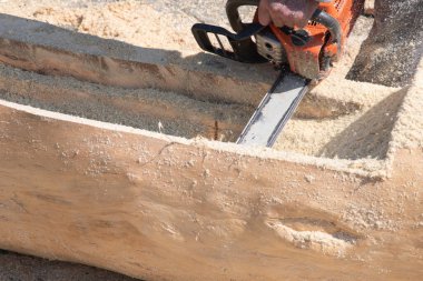 Elektrikli testere. Oduncu testere testeresinin yakın çekimi, talaş yan yana uçar. Kavram ağaçları devirmektir. Yüksek kalite fotoğraf