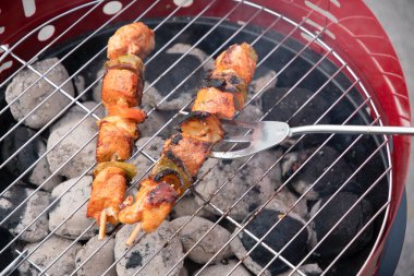 Yaz pikniği, terasta ızgara sebzeli mangalda marine edilmiş tavuk şişleri, renkli yemekler. Yüksek kalite fotoğraf