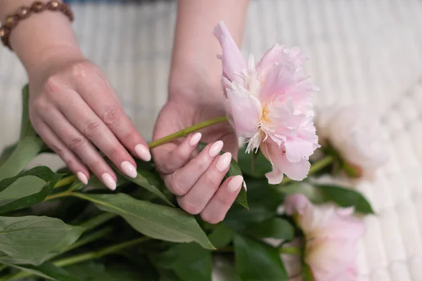 girls hands with a beautiful pink manicure design, pastel color, gently, flowers in spring. High quality photo