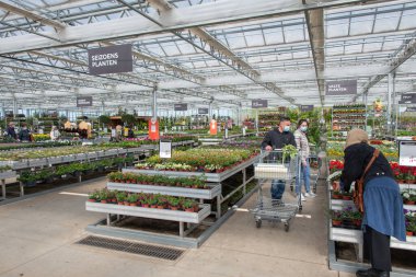 People chooses and buys seedlings in a garden center with a large assortment of plants, hobbies and leisure activities, Ham,Belgium,April 23,2021