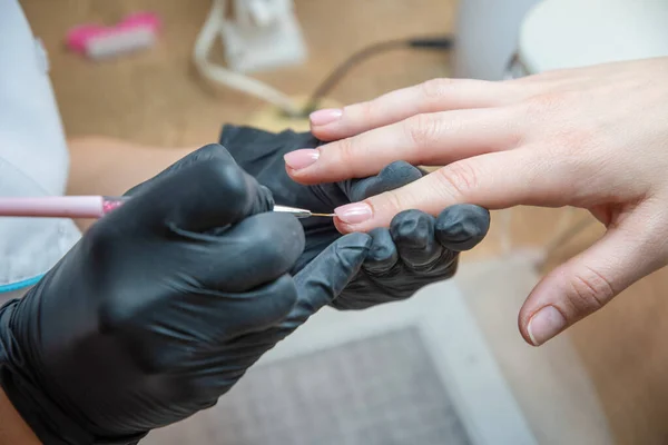 a master does a manicure to a client in a beauty salon and covers her nails with pink varnish, the master levels the edge of the varnish with a thin brushHigh quality photo