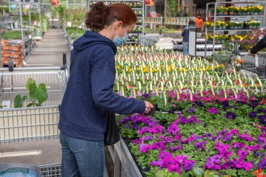 A young woman in a mask chooses and buys seedlings in a garden center with a large assortment of plants, a woman enjoys hobbies and leisure activities, growing plants and flowers in her garden