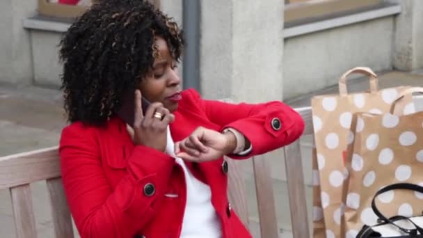 Μια Νεαρή Αφροαμερικάνα Κόκκινο Παλτό Κάθεται Ένα Παγκάκι Μετά Ψώνια — Αρχείο Βίντεο