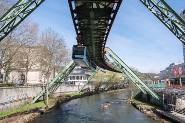 Wuppertal Suspension Railway train in Germany. The unique electric monorail system is Wuppertals landmark. North Rhine-Westphalia, High quality photo