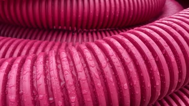 Куча Пластиковых Труб Мокрых Дождя Гофрированные Бордовые Трубы Пурпурный Абстрактный — стоковое видео