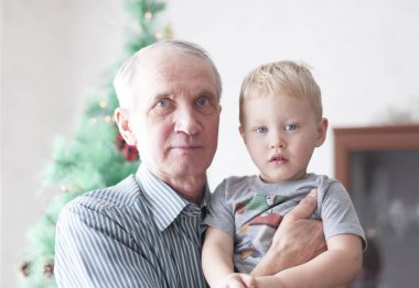 Büyükbabanın portresi torununu kollarında tutuyor ve gülüyor, Noel ağacı, nesillerin devamlılığı, çocuk yetiştirme, tatlı ev, yüksek kaliteli fotoğraf