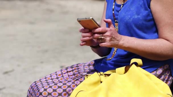 Middleaged Woman Typing Message Smartphone Sitting Bench Park People Use — Vídeo de Stock