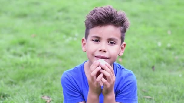Niño Seis Años Edad Con Una Camiseta Azul Coquetea Mira — Vídeos de Stock
