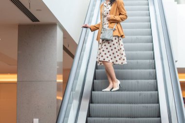 Büyük benekli bej elbiseli tanınmayan genç bir kadın alışveriş merkezindeki yürüyen merdivenden aşağı iniyor, geçmişi bulanık.