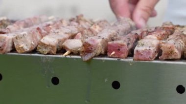 Kömürde et kebabı yapan genç bir adam, ARROSTICINI - tipik güney İtalyan mutfağı, yazın evin yakınındaki terasta lüks bir piknik, barbeküden aromatik dumanlar yükseliyor.,