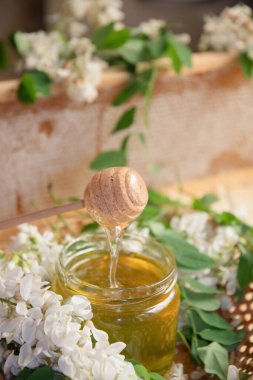 Balmumu bal peteklerinin, alternatif tıp için organik zenginleştirilmiş arıcılık ürünlerinin, yüksek kaliteli fotoğrafların karşısında masada duran şeffaf sarı okasya balı dolu bir kavanozun hayatı