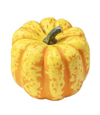 Kabak çeşitleri Kabak Kutlaması, turuncu ve koyu turuncu çizgili küçük sarı, meyve parlak ve dekoratif görünüyor, nakliye arkaplanda izole edilmiş, sonbahar dekorasyonu ve mutfak kullanımı için ideal.,