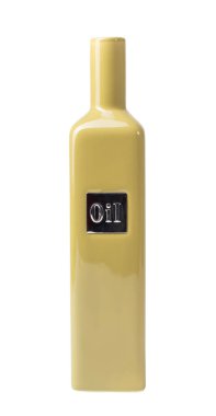 Gümüş etiketli sarı seramik yağ şişesinin stüdyo çekimi - yağ, beyaz arka planda izole, depolama alanı ve temel yemek malzemeleri,