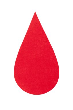 Kırmızı kadife karton bir damla kan şeklinde kesilmiş, temiz beyaz arka planda izole edilmiş, hemofili, kan bağışı ve kan bağışı, Dünya Kan Donörü Günü 'nü sembolize ediyor.