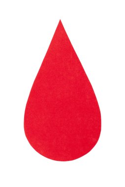 Kırmızı kadife karton bir damla kan şeklinde kesilmiş, temiz beyaz arka planda izole edilmiş, hemofili, kan bağışı ve kan bağışı, Dünya Kan Donörü Günü 'nü sembolize ediyor.
