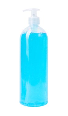 Köpüklü mavi antibakteriyel sabun, şeffaf plastik bir kabın içinde, ellerini çamurdan temizlemek ve mikroplardan korumak için, hijyen konsepti, beyaz arka planda izole edilmiş.