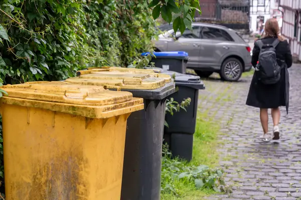 Renkli çöp kutuları, arka bahçede şehir caddesi, sırt çantasıyla asfalt yolda yürüyen öğrenci, yeşil çitin yanında park edilmiş araba, ayrı atık toplama konsepti.
