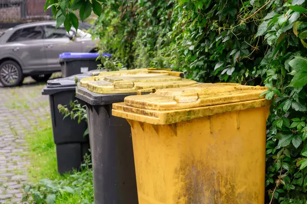 Sarı, siyah ve mavi çöp bidonları bir yerleşim bölgesindeki çitlerin yanına yerleştirilmiş, atık tasnif ve depolama konsepti, gıda atıklarının ayrı olarak atılması, kağıt ve plastik ambalajlar,