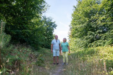 Senior couple enjoying an outdoor walk in a green forest, holding hands and looking at the trees, symbolizing their enduring love, active retirement, and connection with nature during summer