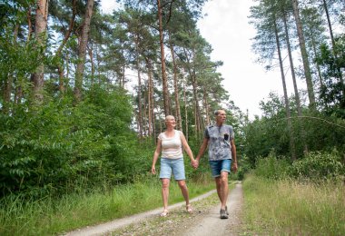 Senior couple walking hand in hand along a sunlit forest path, smiling and enjoying peaceful outdoor recreation, companionship and active retirement together