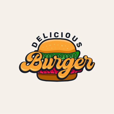 Retro Metin Biçimli Lezzetli Burger Logosu Vektör İllüstrasyonu