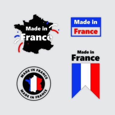 Made in France label set. Made in France stamp. Big set of labels, stickers, bookmarks, badges, symbols and page curls with France flag icon on design elements.