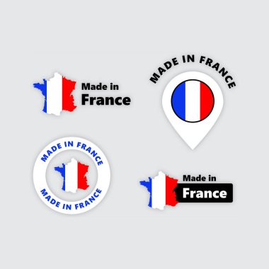 Made in France label set. Made in France stamp. Big set of labels, stickers, bookmarks, badges, symbols and page curls with France flag icon on design elements.