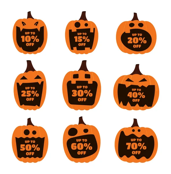 stock vector Halloween discount labels. Discount label for Halloween sale promotion decorated with pumpkins, skulls, tombstones, coffins, vampires and haunted houses.