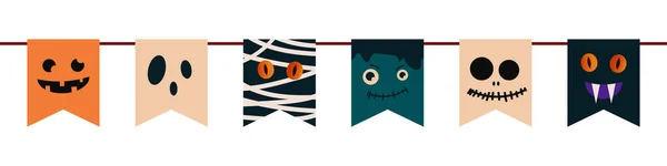 国旗与南瓜 吸血鬼蝙蝠 骷髅和鬼魂的主题之间的装饰 — 图库矢量图片