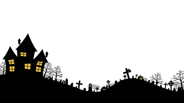 Silhouette Background Halloween Scary Panorama Haunted Castle Residing Cemetery — Stock Vector