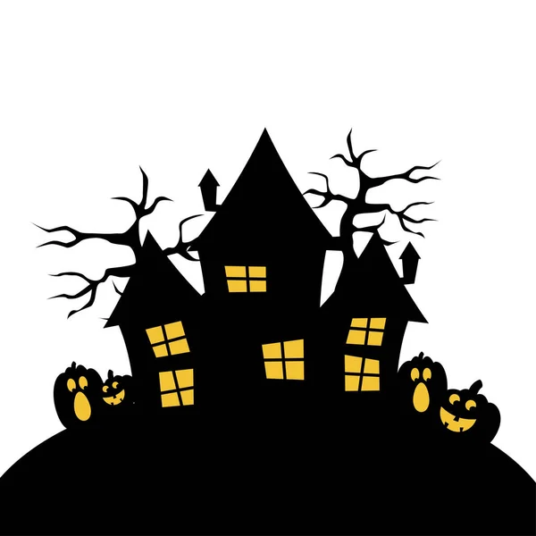 Silueta Pozadí Pro Halloween Děsivým Panoramatem Strašidelného Hradu Sídlícího Hřbitově — Stockový vektor