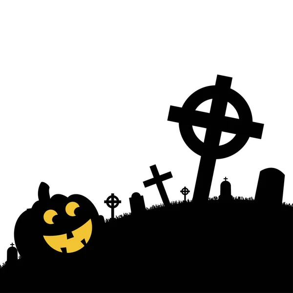 万圣节的轮廓 带有鬼屋 坟墓和骷髅的病媒万圣节装饰 — 图库矢量图片