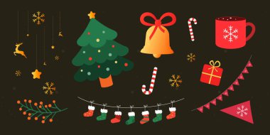 Noel elementleri koleksiyonu. Noel ve Yeni Yıl temaları ile ürünler ve tasarımlar için vektör