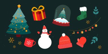 Noel elementleri koleksiyonu. Noel ve Yeni Yıl temaları ile ürünler ve tasarımlar için vektör