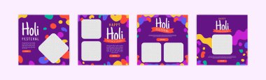 Mutlu Holi festivali afiş tasarımı. Holi festivali için sosyal medya paylaşımı. Pudra süsleri ve renkli boya lekeleriyle Holi festivali afişi..